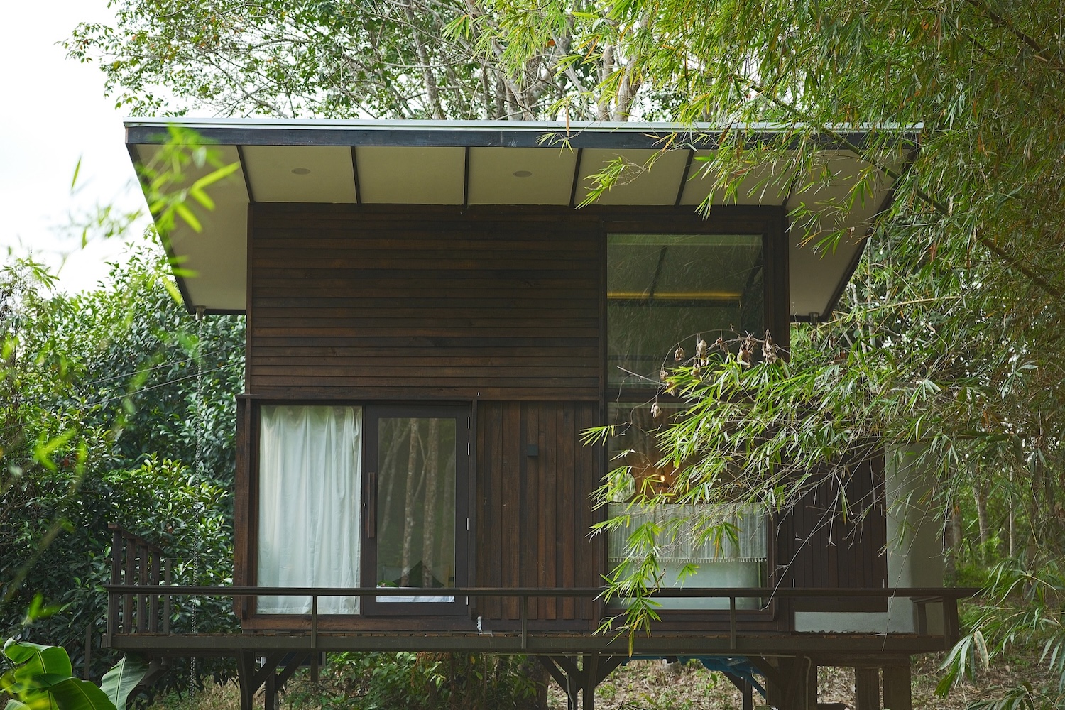 Kalm Cabin exterior among tropical trees
