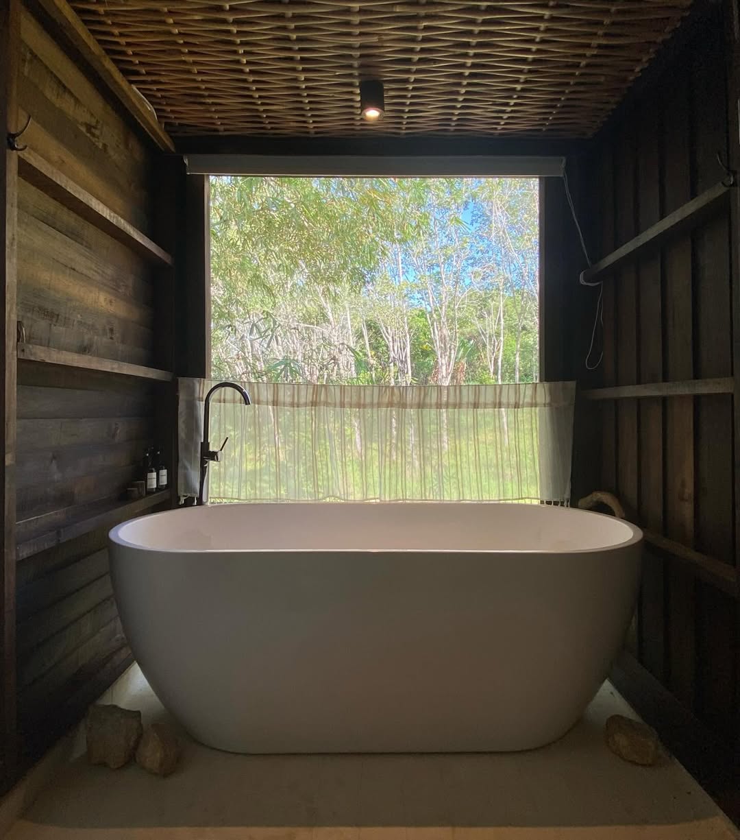 Freestanding soaking tub with forest view